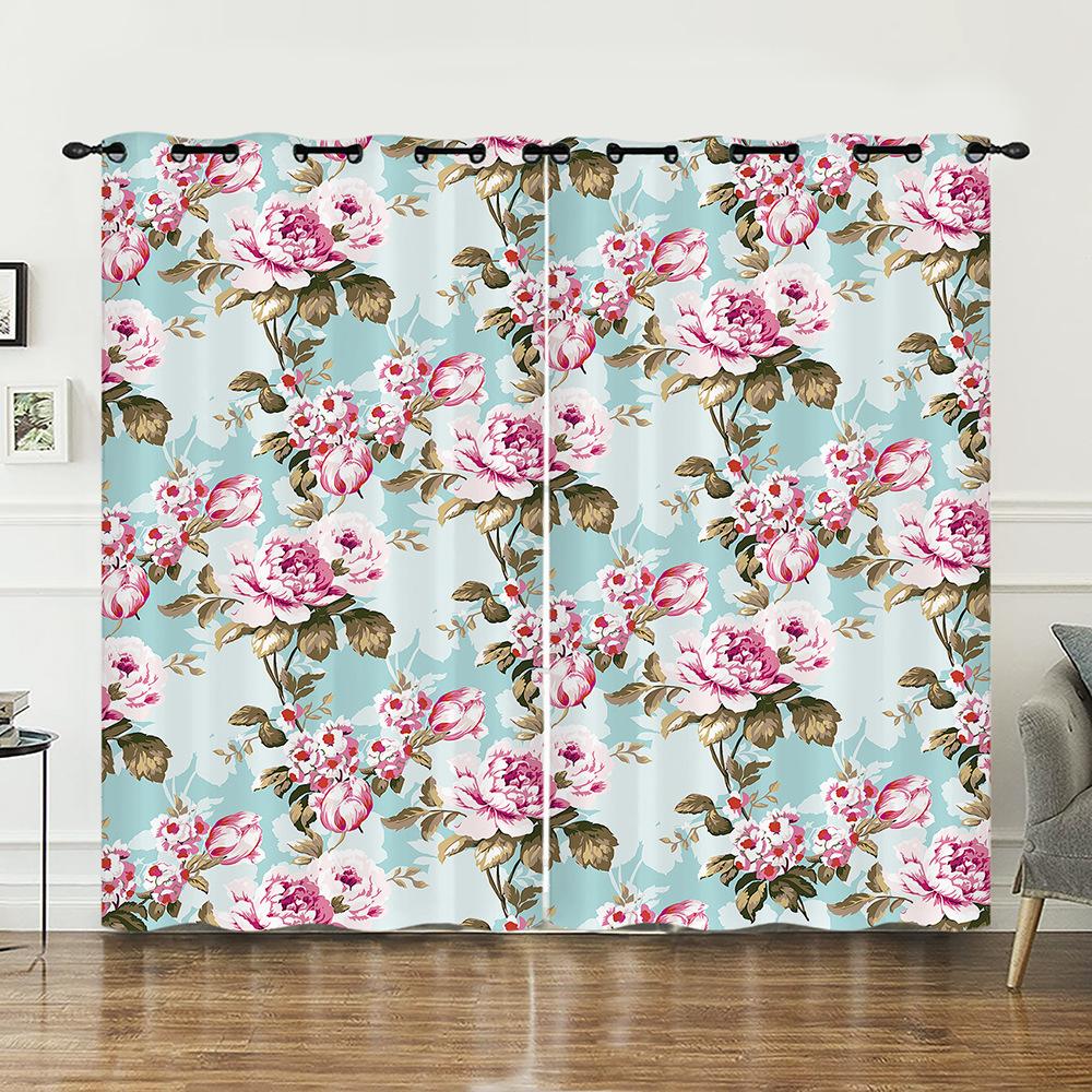 Curtains Court Pattern Retro Flower Curtain Digital Printing Blackout Curtain No Punching