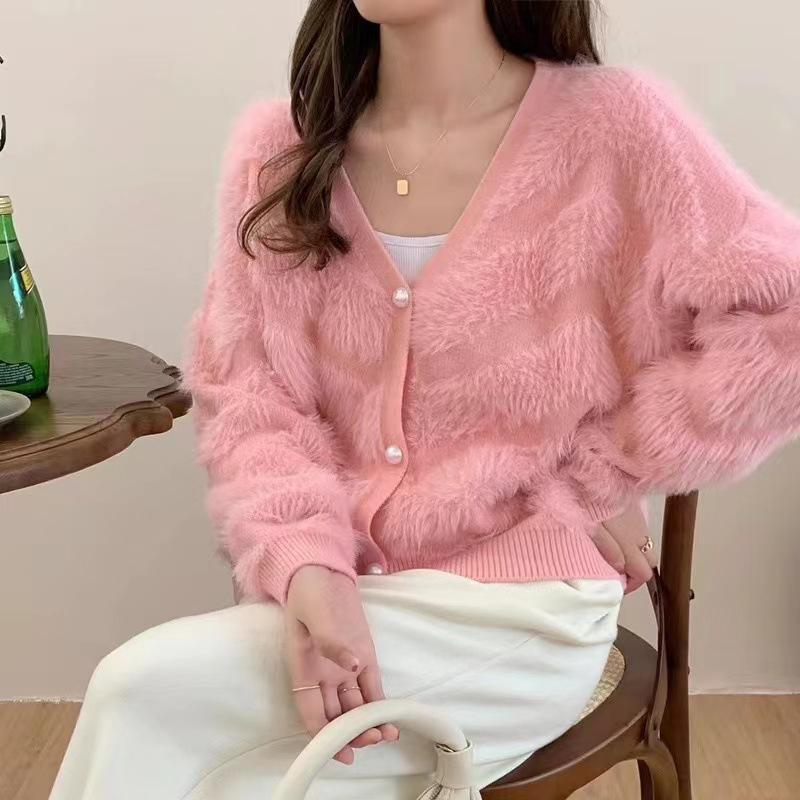 V-neck imitation mink fleece sweater women's autumn and winter new soft waxy top thickened loose lazy wind knitted cardigan jacket