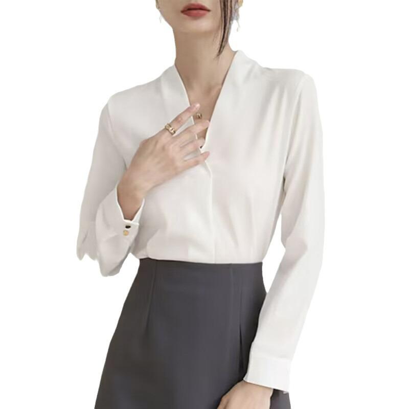 Damen V-Ausschnitt Kragenloses Weißes Chiffonhemd - Knitterarm, Professionelles Langarm-Oberteil für Frühling/Sommer