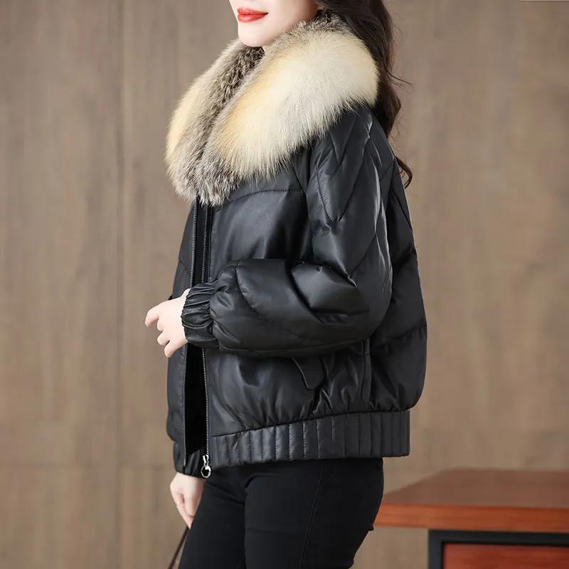 Women's PU Leather Simple Warm Jacket Winter Fur Collor Short Puffer Parkas Fur Outwear