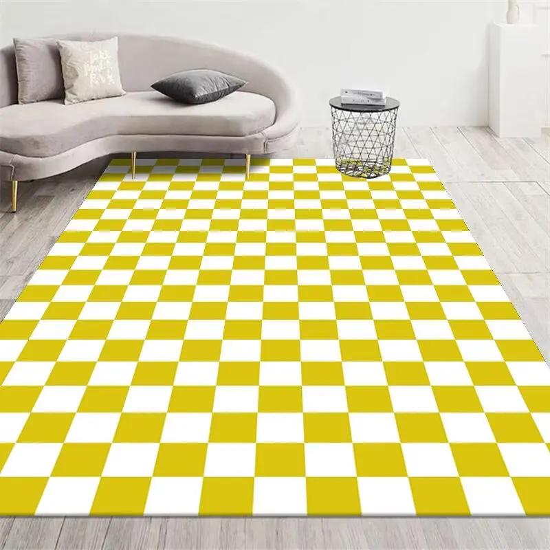 Fashion Retro Checkerboard Carpet Living Room Bedroom Decoration Bedside Non-slip Soft Mat Home Washable Plush Rugs Customizable