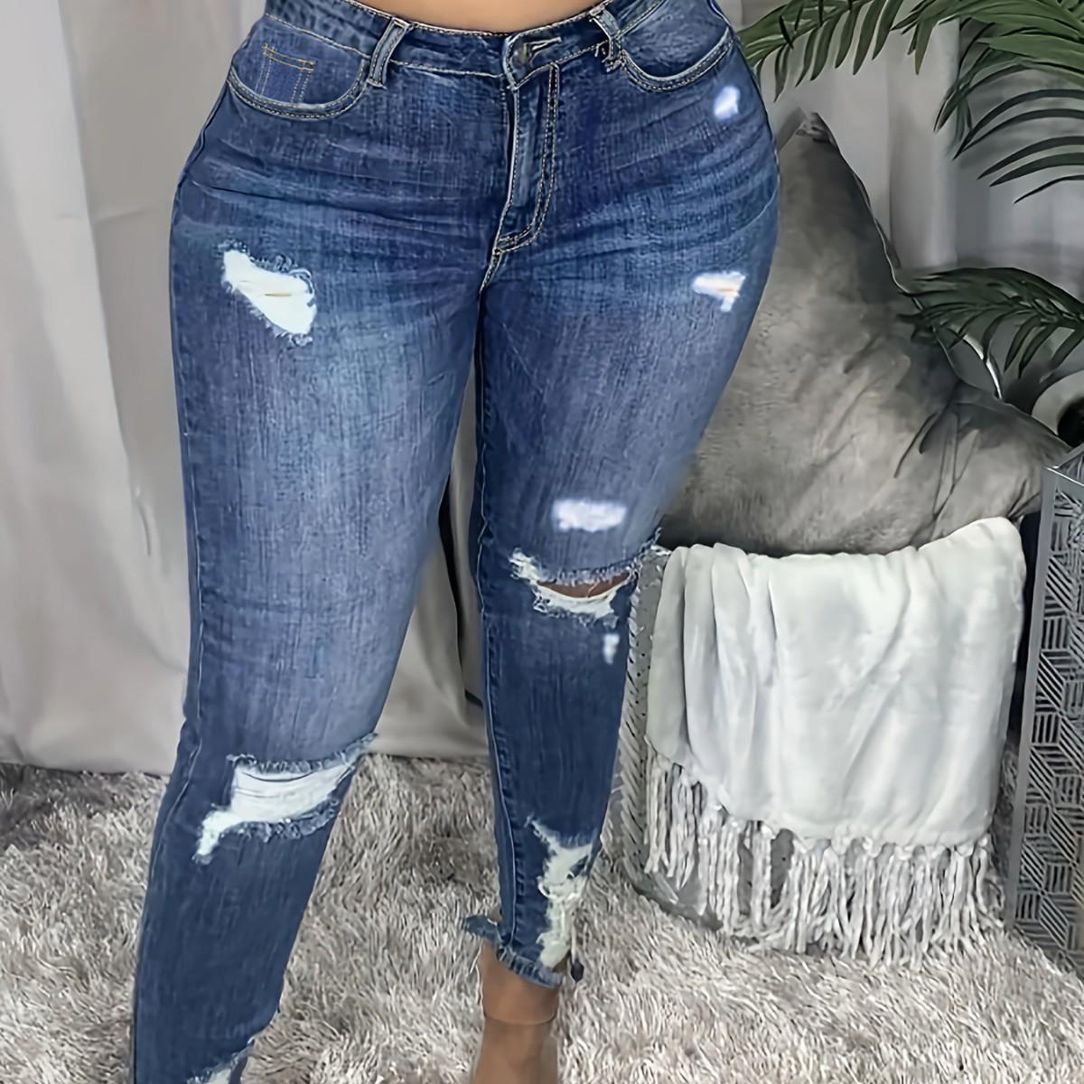 Plus Size High-Waisted Ripped Stretchy Skinny Jeans - Fashionable & Versatile Denim XS