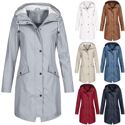 Women's Solid Color Rain Jacket Outdoor Hoodie Waterproof Windproof Long Coat