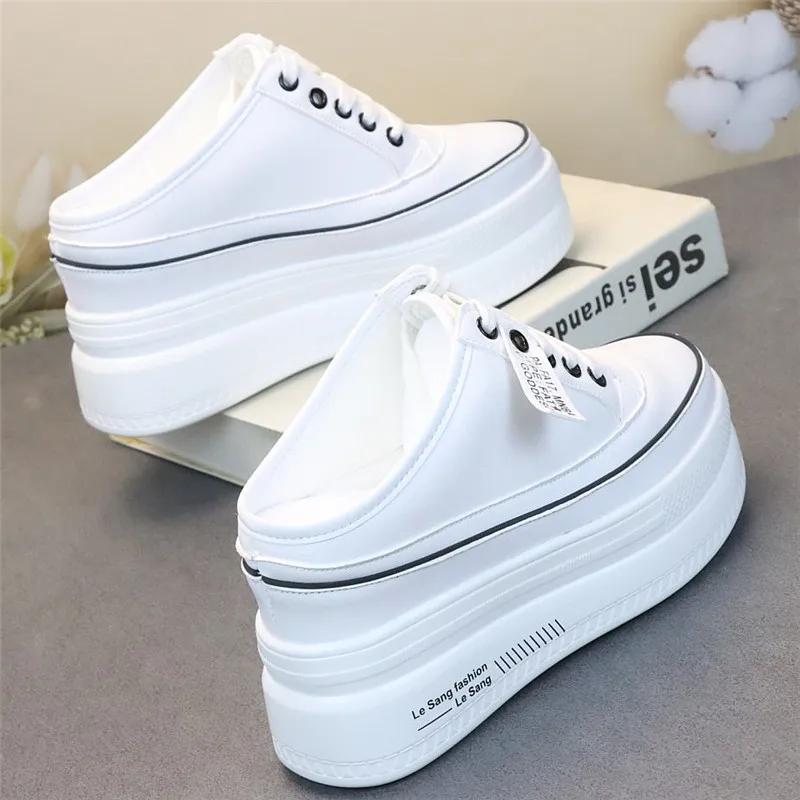 Fashion Lady leather without heel lazy half slipper height show thin fashion wear female slipper baotou large size shoes women sandals