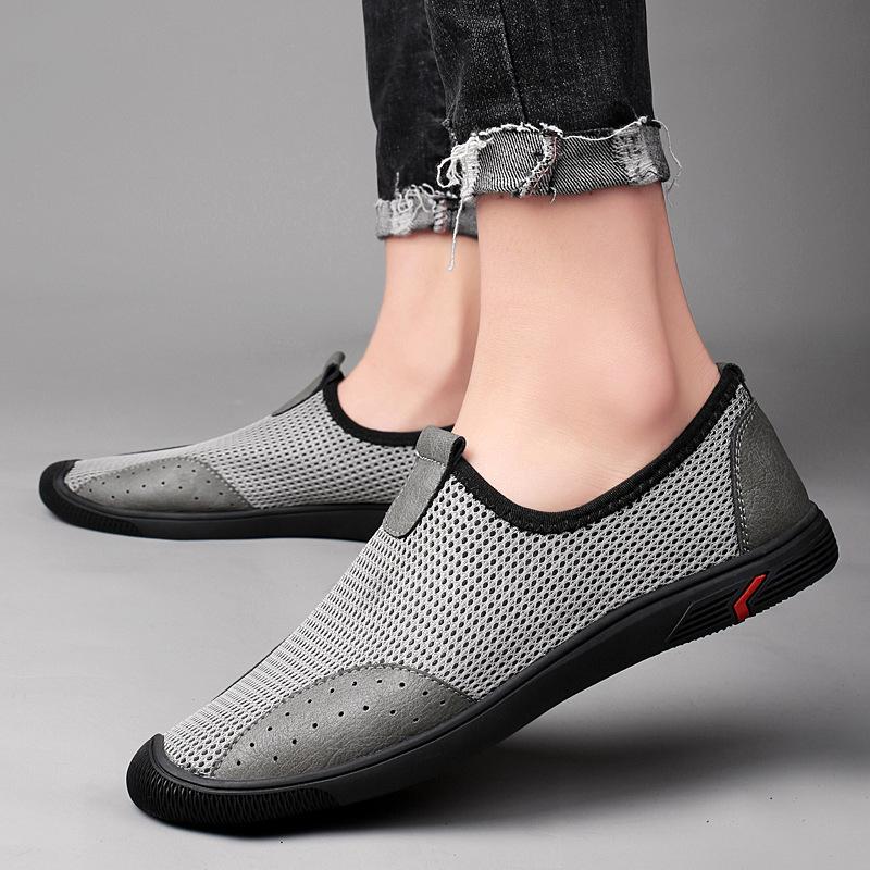 Letní nové líné ležérní boty s měkkou podrážkou na řízení tenké prodyšné boty ze síťoviny Fly-woven pro muže