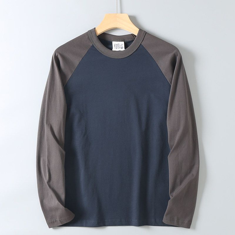 Men's Autumn Round Neck Raglan Long Sleeve T-Shirt, Casual Color-Blocking Pure Cotton Base Shirt, Trendy