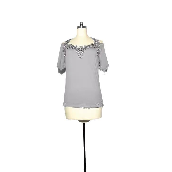 European & American Lace V-Neck Women's Short Sleeve Solid Color Casual T-Shirt