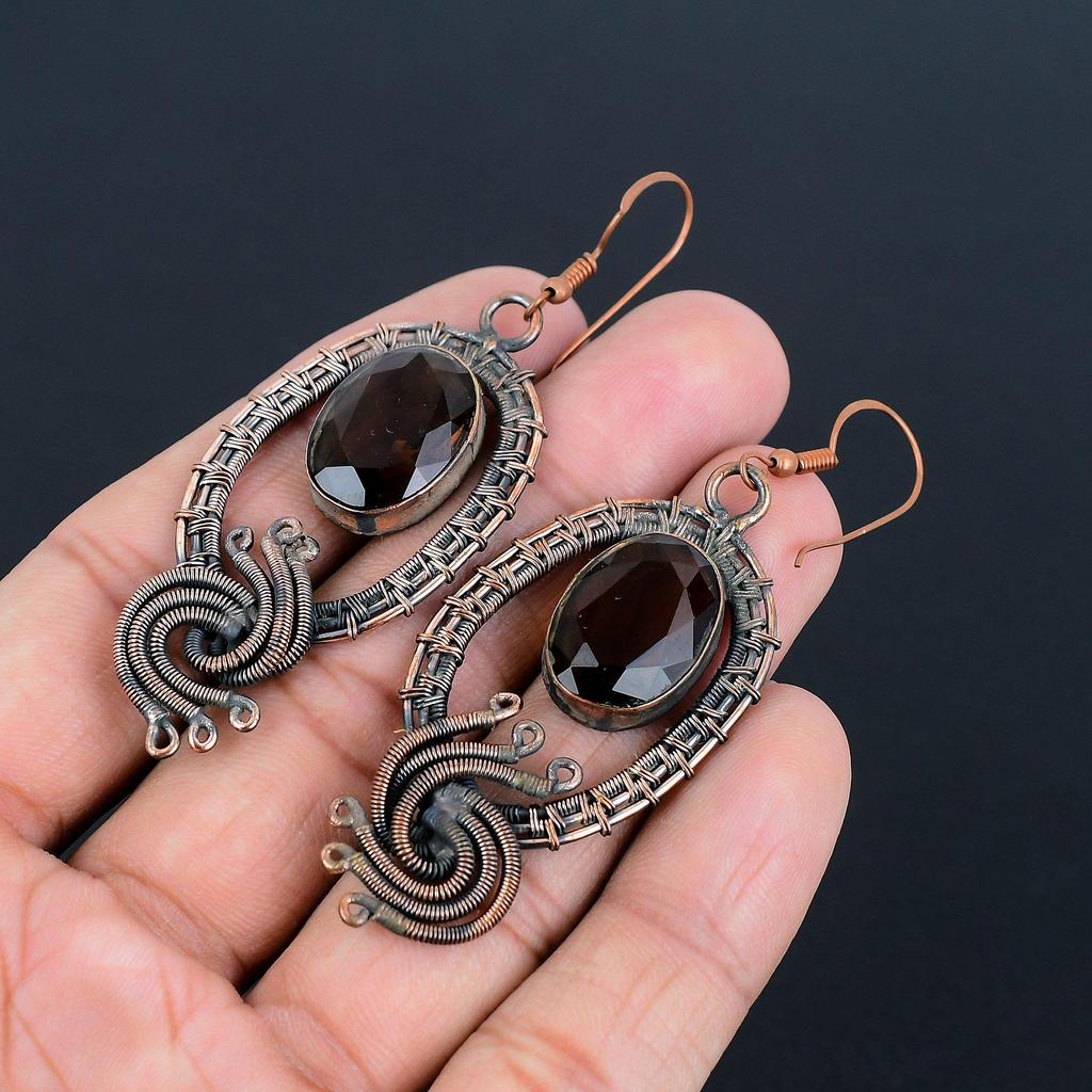 Smokey Topaz Earrings Gemstone Jewelry, 999 Copper Wire Wrapped Handmade Earrings, Latest Design Jewelry