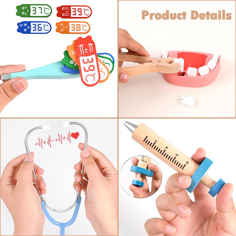 Wooden Pretend Play Doctor Set Educational Toys for Kids Simulation Medicine Chest Kit Dentist Nurse Games Medical Toys for Girl