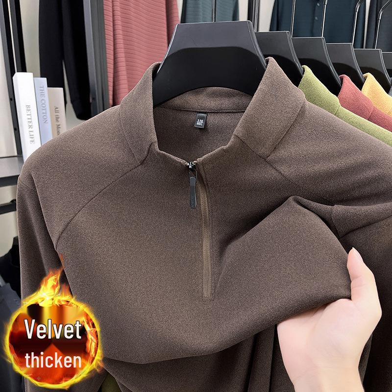 Men's Thick German Velvet Warm Half-Zip Stand Collar Sweatshirt - Solid Color Autumn/Winter