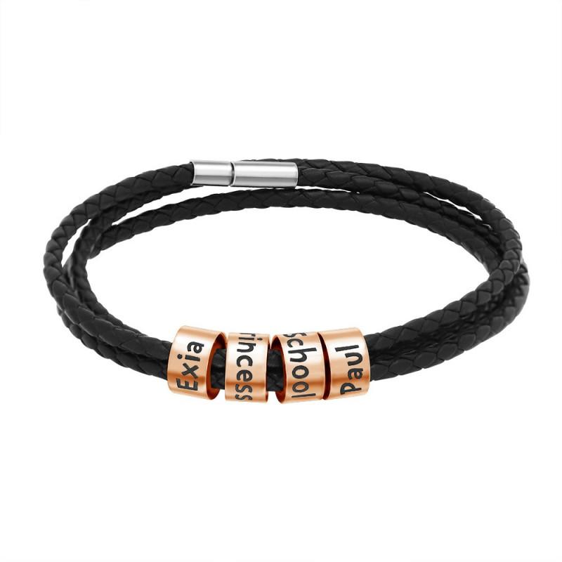 Mens Black Leather Cord Bracelet With Custom Engraved Letters Stainless Steel Beads Adjustable Woven Design Fathers Day Gift