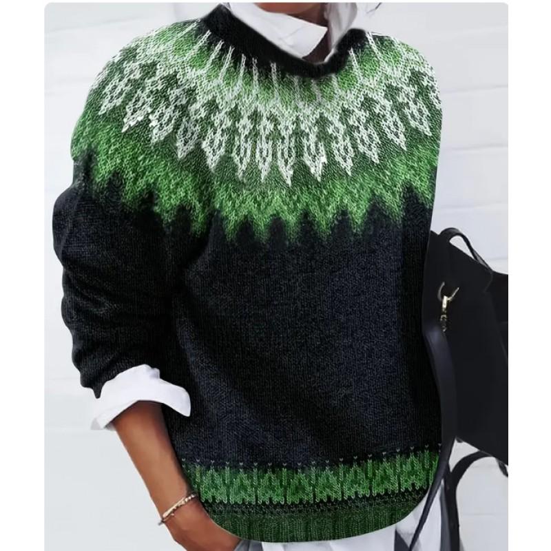 Womens Geometric Color Block Crewneck Sweater Loose Fit Long Sleeve Pullover Knit Top