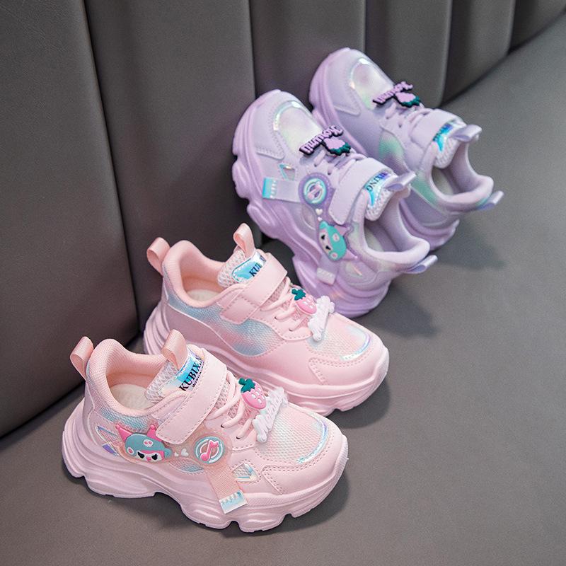 2026 New Korean Style Girls' Cartoon Sports Shoes - Soft Sole, Leather Surface Casual Sneakers for Medium and Large Children