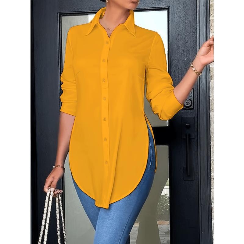Women'S Slim Fit Long Sleeve Button-Up Shirt with Side Slit  Stylish Tailoring Durable Construction, Stylish Blouse, Fashion Lovers