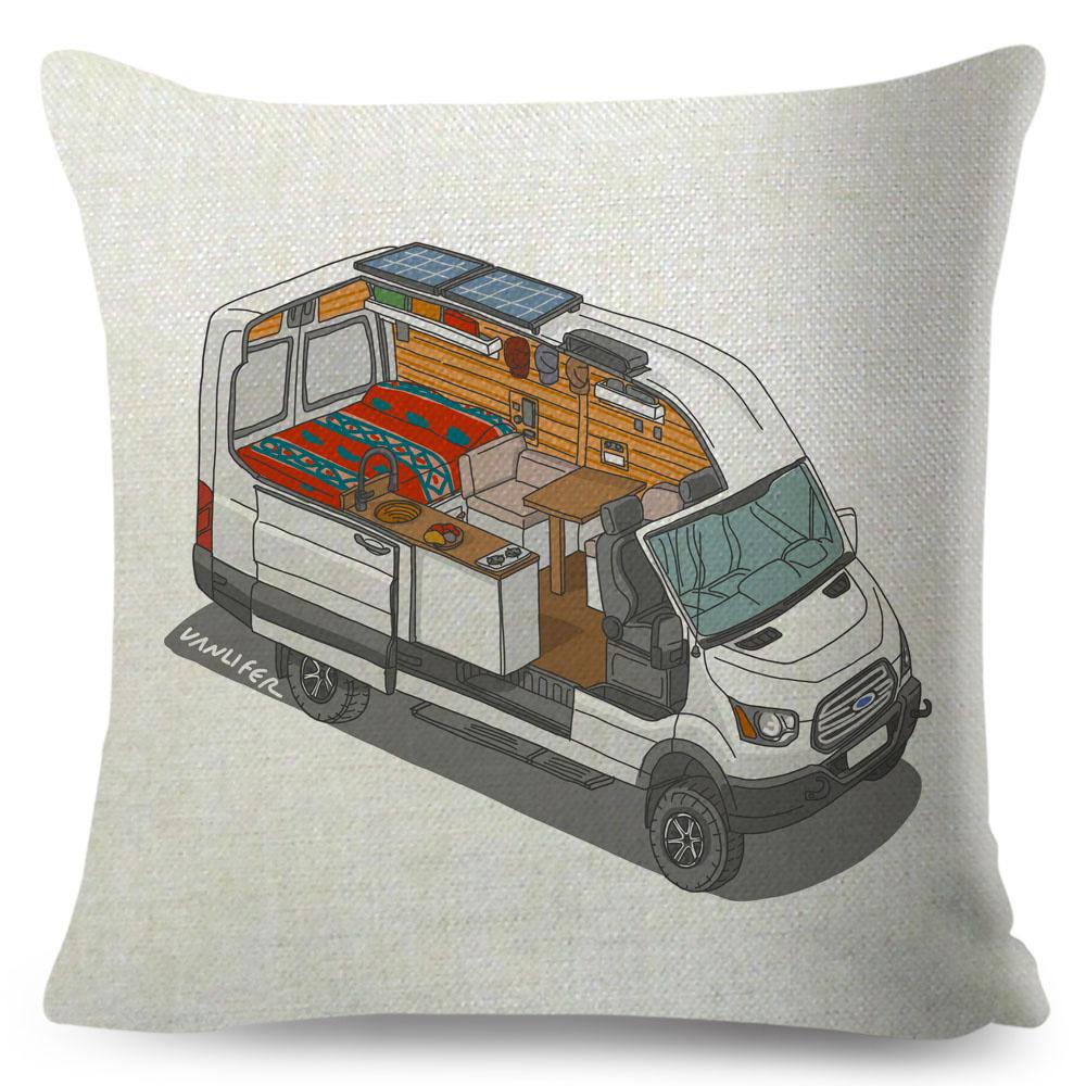 Van Life Pillow Case Decor Cartoon Camper House Travel Car Cushion Cover for Sofa Home Children Room Vanlife Pillowcase 45x45cm