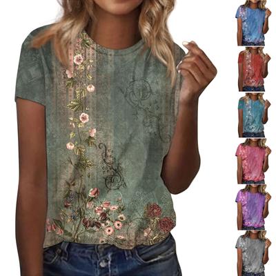 Women's Fashion Casual Short Sleeve Flower Print Round Neck Pullover Top Blouse