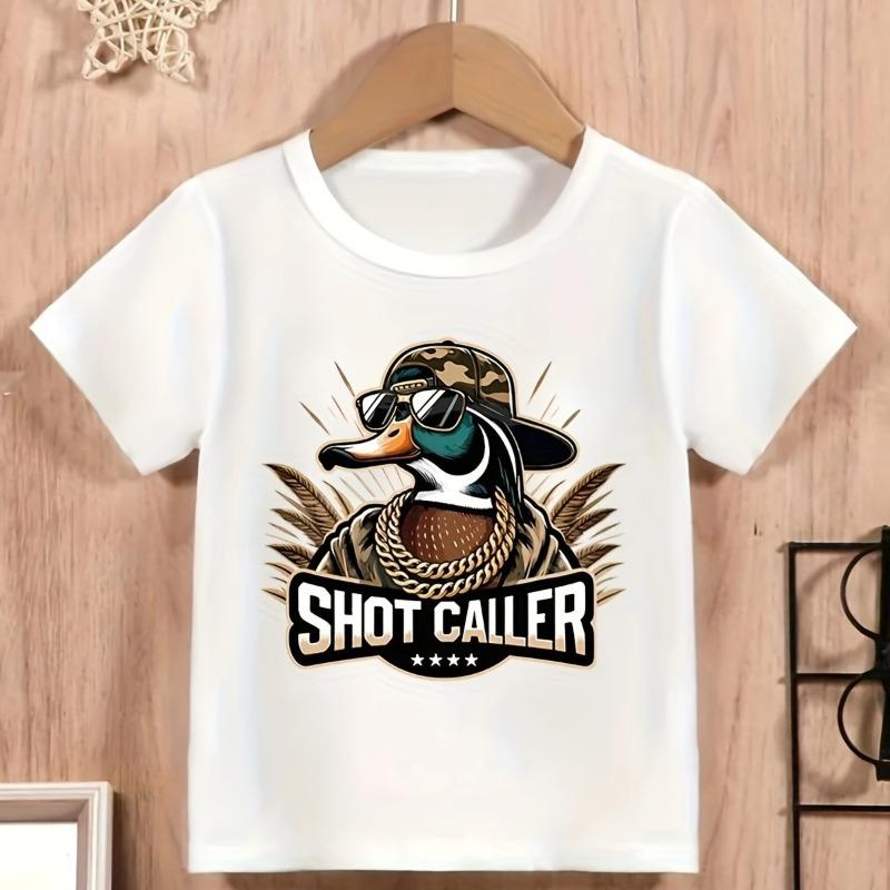 Boys Crew Neck Short Sleeve T-Shirt with Cartoon Duck & SHOT CALLER Letter Print 110