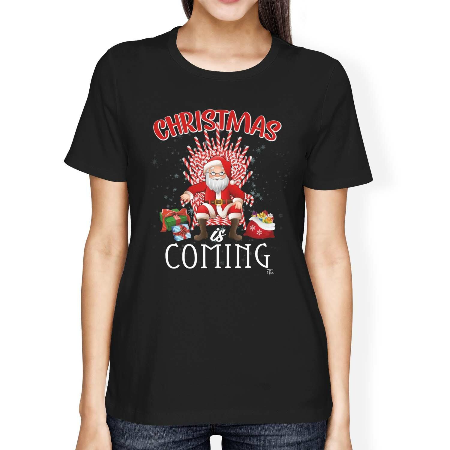 1Tee Womens Loose Fit Christmas Coming Santa Candy Cane Throne Presents T-Shirt S