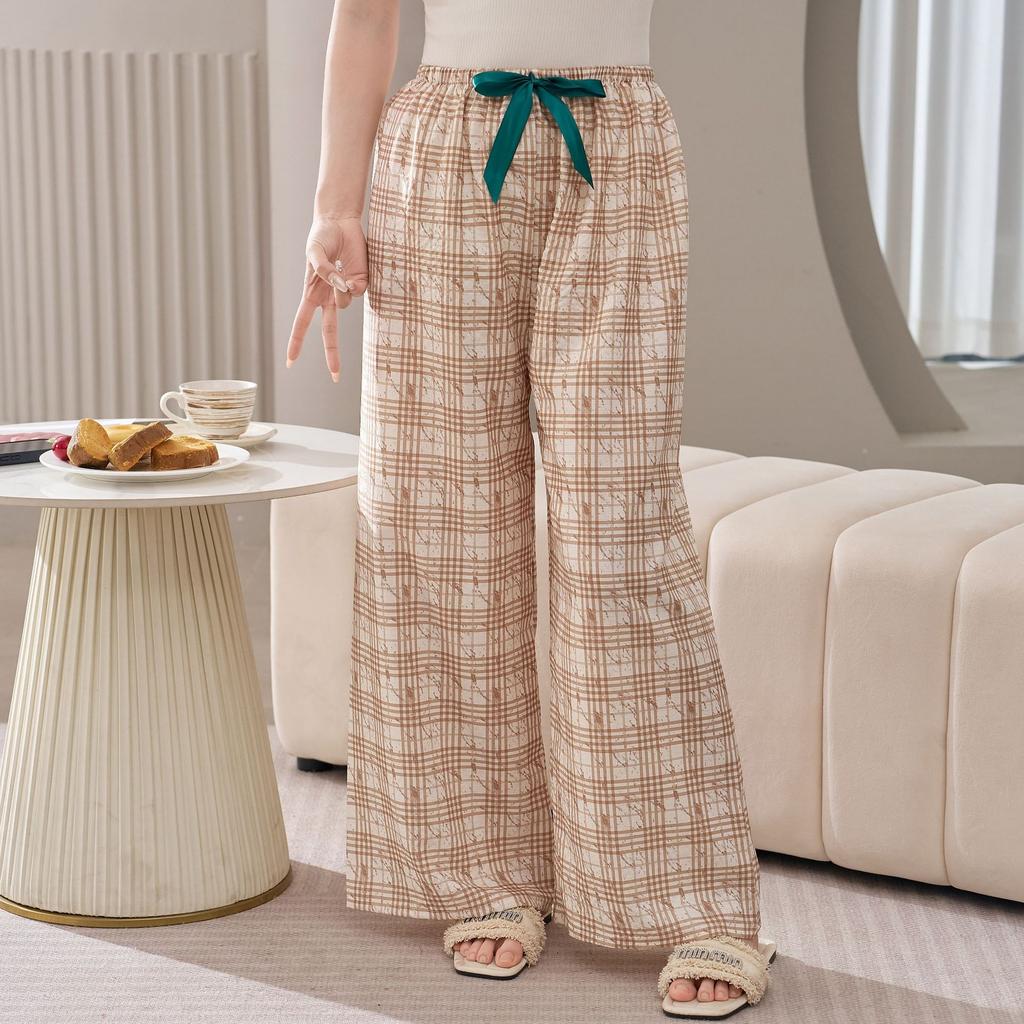 Cotton Silk Family Spring and Autumn Women's Cotton Silk Pajama Pants Wide-leg Pants Thin Artificial Cotton Can Be Worn Outside Casual Home Pants