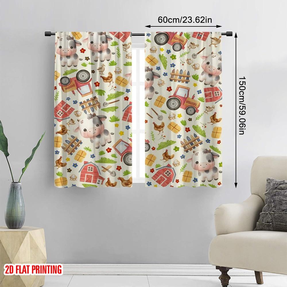 2pcs,2D Plane Printing Minimalist Curtains Farmyard Fun Polyester Fabric (without Rod) Decorations For Home Use for Bedroom &