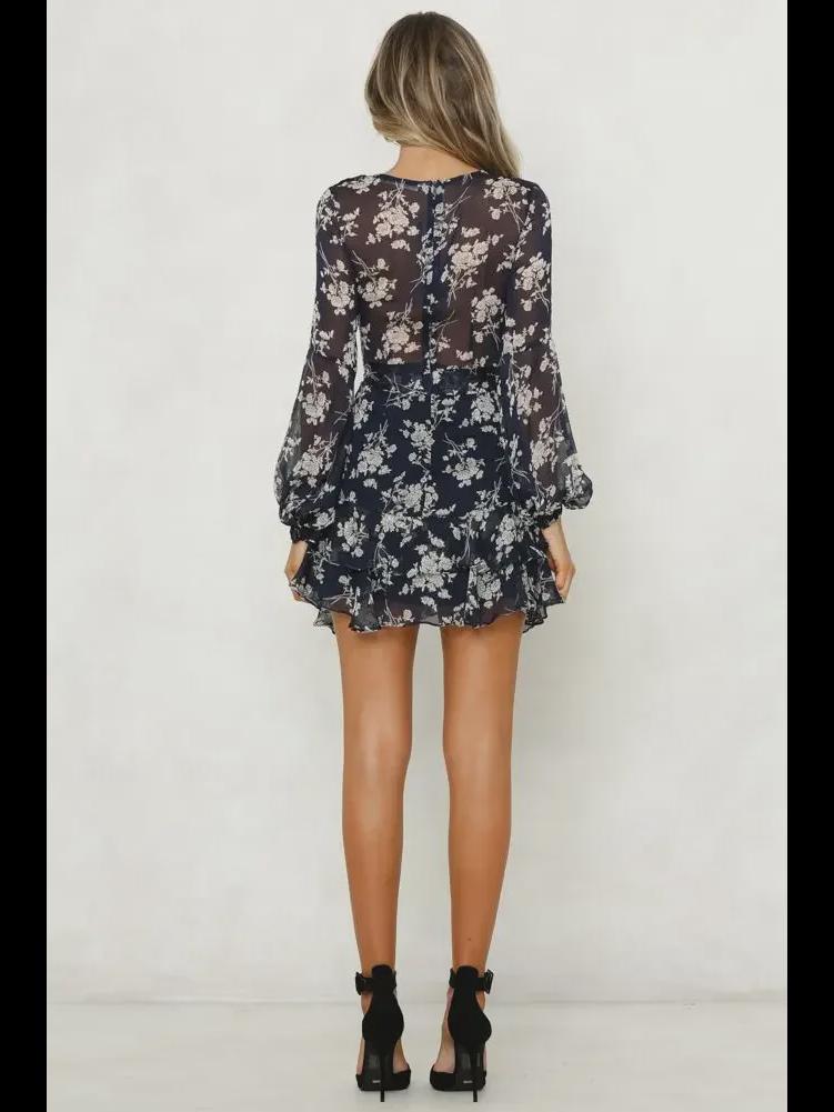 European & American Women's Long-Sleeve V-Neck Strappy Floral Dress