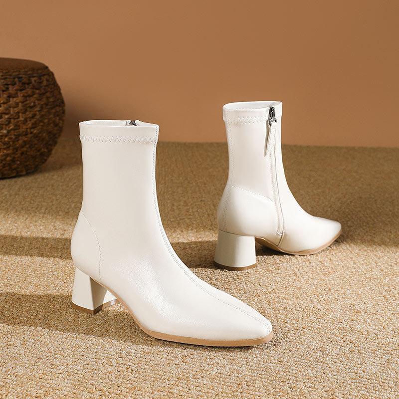 High-heeled Short Boots Women's Spring and Autumn Single Boots 2024 New Women's Boots Medium Tube Thin Pointed Fashion Boots Thick-heeled Leather Boo