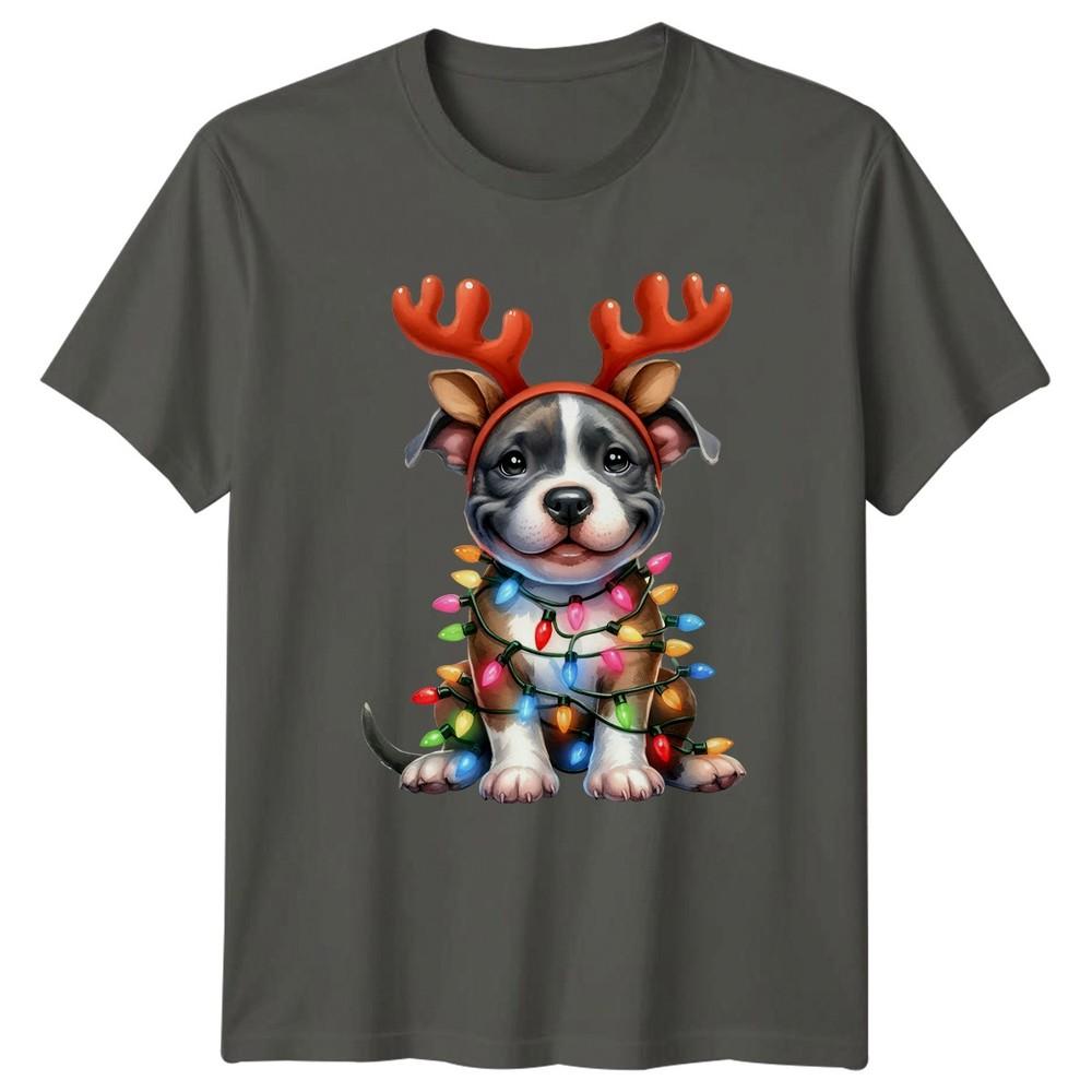 Puppy Christmas Lights Holidays Unisexs Unisexs Graphic Tee Reindeer Antlers Shirt S