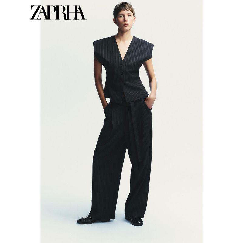 Zaprha 2025 Autumn New Fashion Waist Hugging Slimming Thin Stripe V-neck Wide Sleeve Vest Vest 4749768