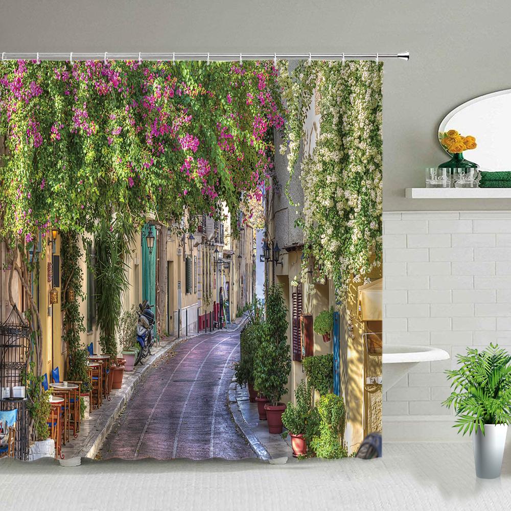 3d Nordic Italy Street Alley Shower Curtain Garden Flowers Scenery Retro Design Cloth Curtains Waterproof Home Bathroom Decor