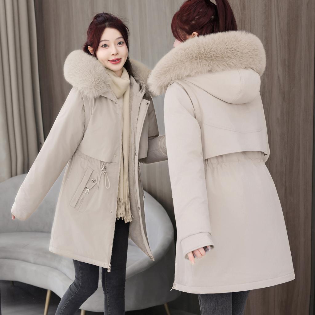 Parker New Women's Korean Style Mid-length Slim Cotton Coat Winter Plus Velvet Large Fur Collar Coat for Women