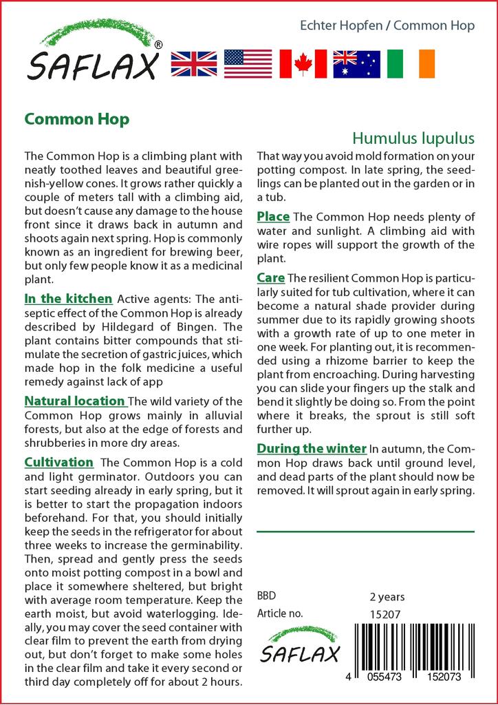 SAFLAX Garden In the Bag - Common Hop - 50 Seeds - With Substrate In a Fitting Stand Up Bag - Humulus Lupulus