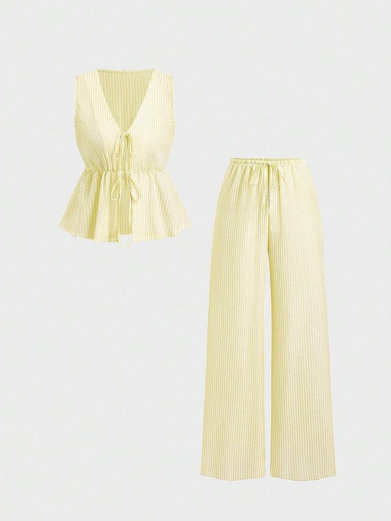 Summer Striped Casual Set: Color Block Vest & Solid Long Pants