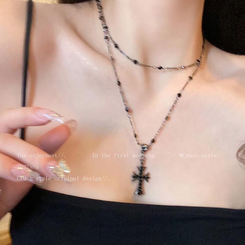 Zircon Cross Beaded Double Layer Choker Necklace for Women