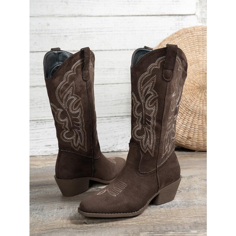 2025 Fashion Fall/Winter New Mid-Heeled Women's Boots Round Toe Plus Size Embroidered Western Women's Boots