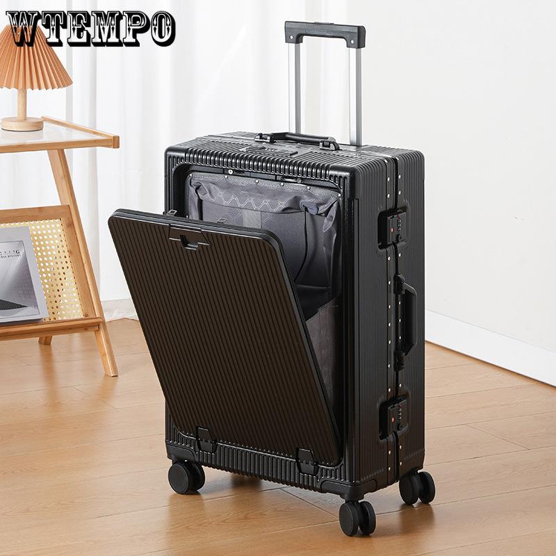 Front Opening Multifunctional Rolling Aluminum Frame Laptop Luggage with Spinner Wheels - Carry On Travel Suitcase with Combination Lock for Men Women