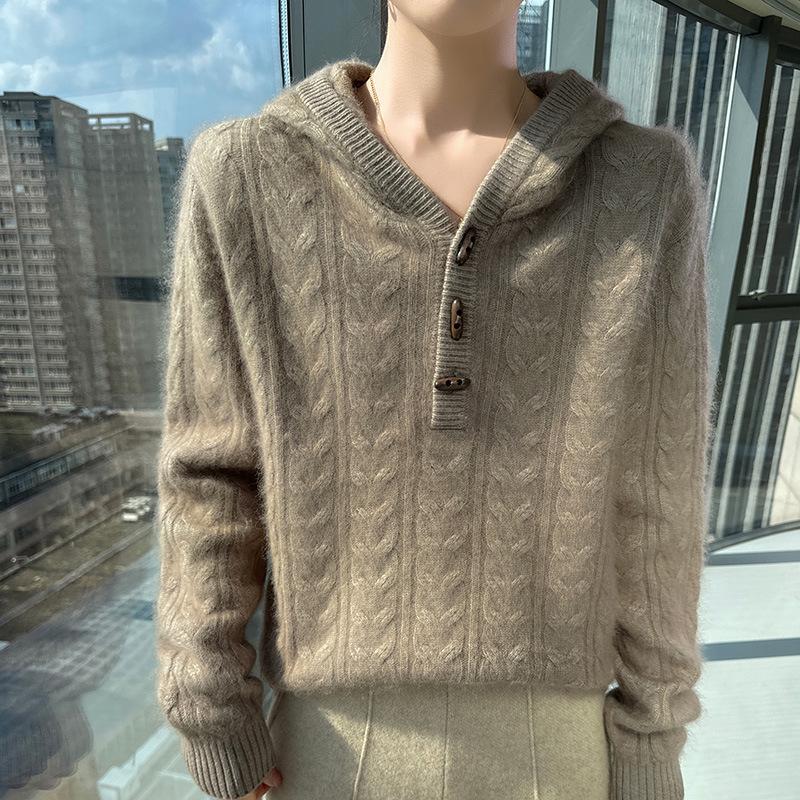 Autumn & Winter Women's Mink Velvet Knit Twist Hoodie - Heavyweight, Loose Fit, Casual Cashmere Sweater