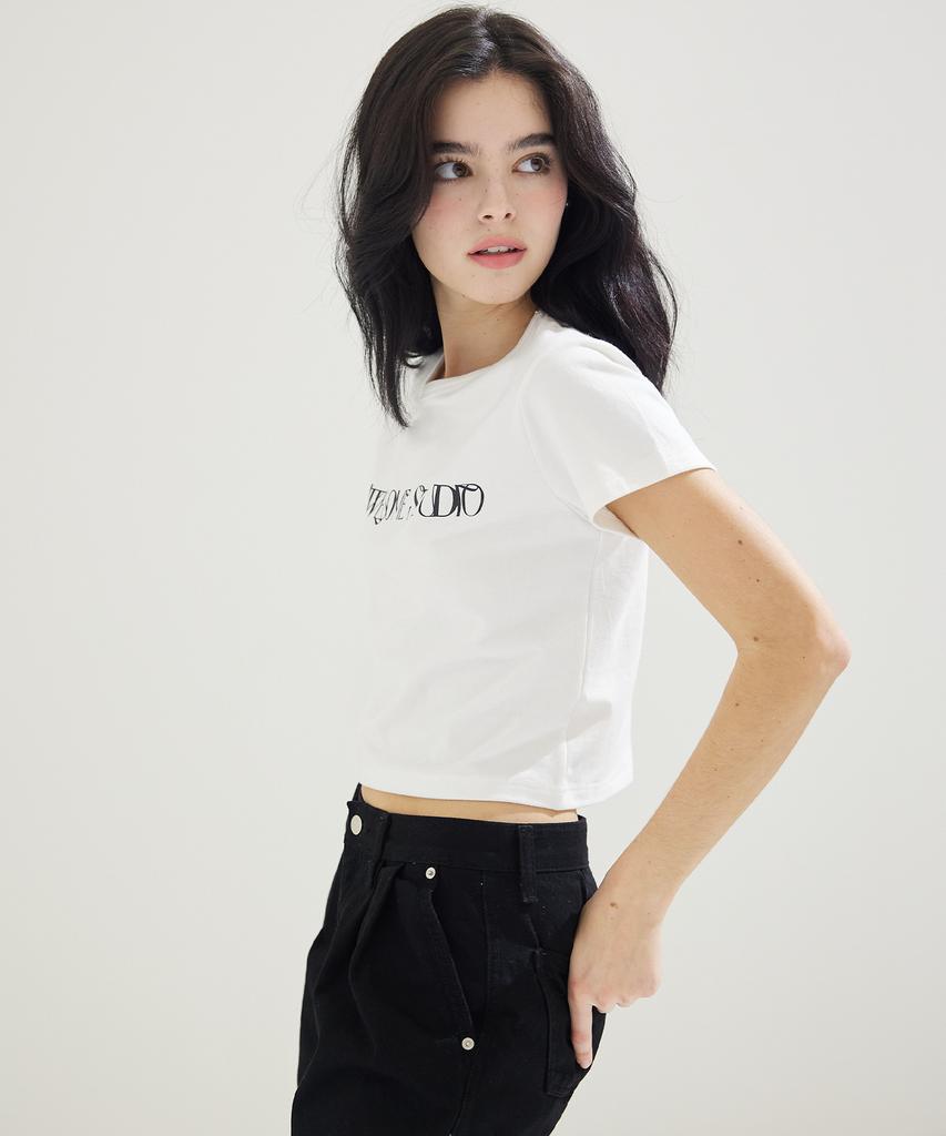 AWESOME STUDIO Awesome Logo Crop Slim Fit Short Sleeve T-Shirt Ivory