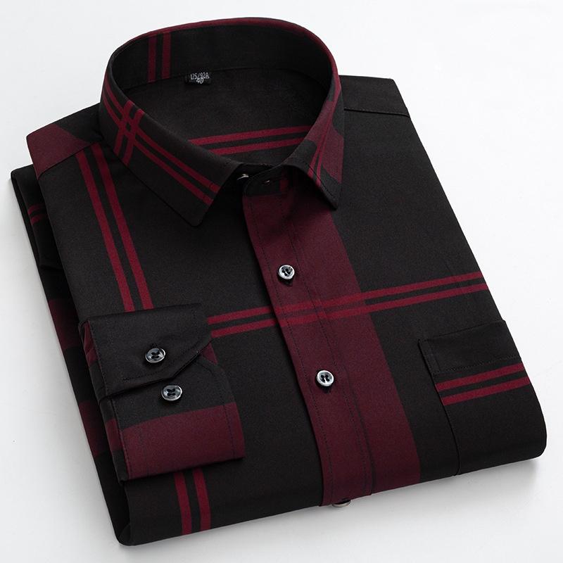 Męskie Koszule Eleganckie Wiosna Jesień Najnowsze Nieprasujące się Odporne na Zmarszczki Biznesowe Casualowe Wzór Cienki Kratka Dopasowany krój chemise homme