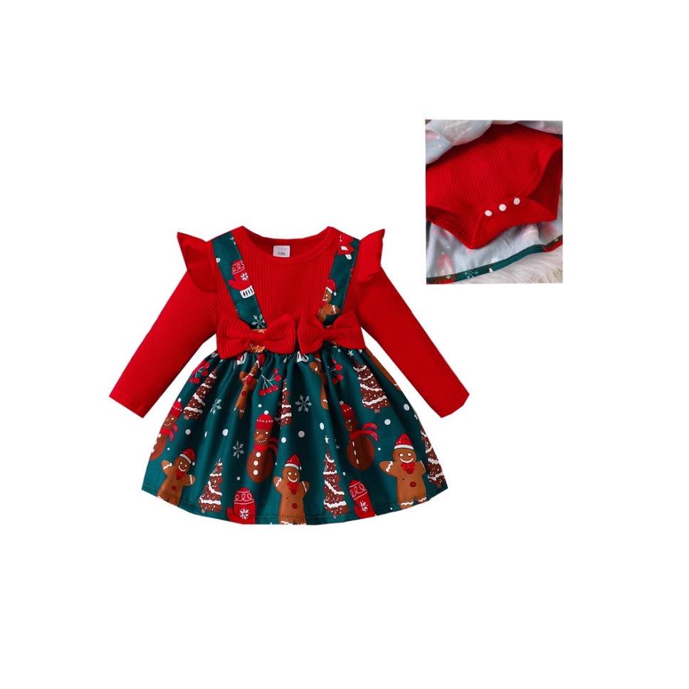 Children's Ribbed Long Sleeve Bow Christmas Dress for Girls