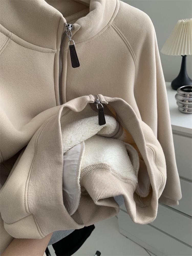 Warm Lamb Wool-Style Zipper Jacket: Autumn/Winter Casual Stand-Up Collar Sweatshirt