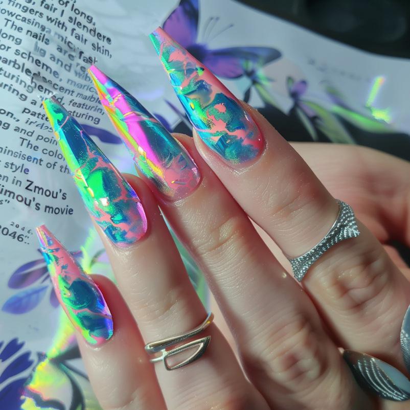 

WM-110 Cyberpunk T-shaped Long False Nails - 24 Wearable Nail Art Stickers Glue Type