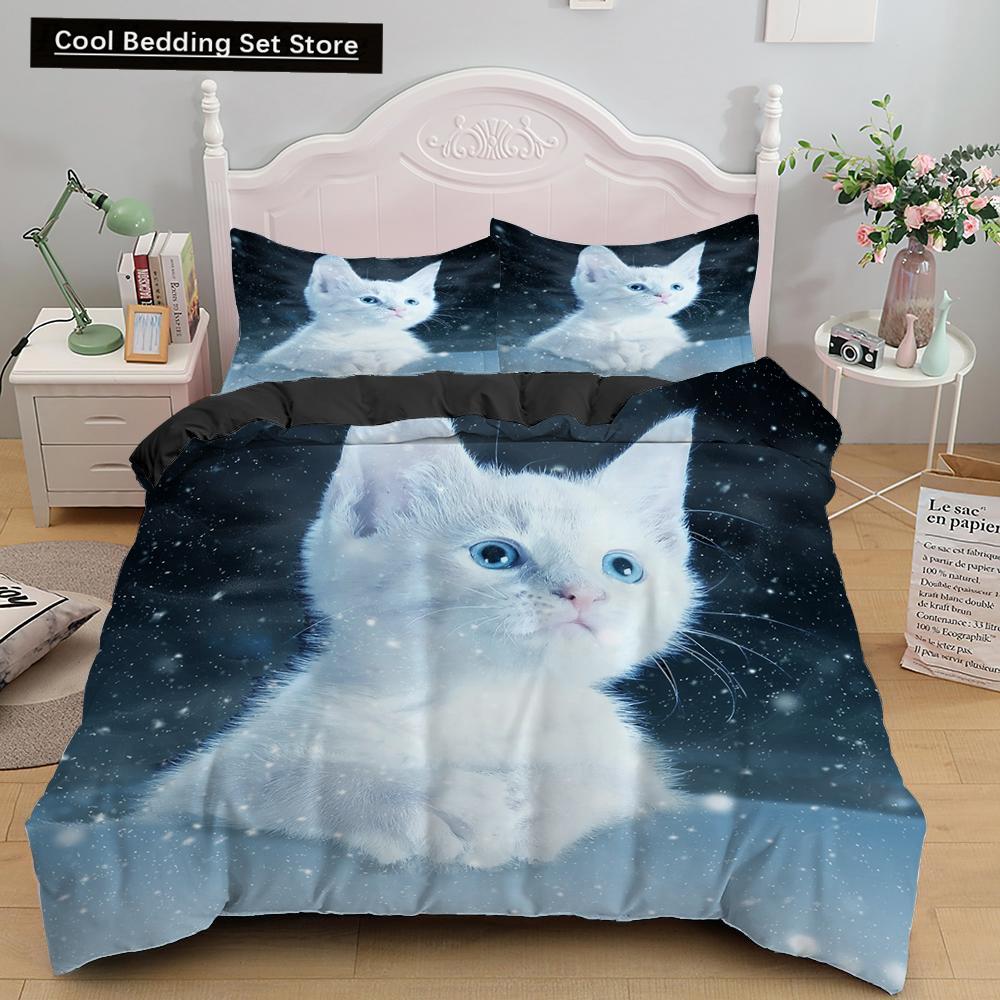 3D Cat King Queen Duvet Cover Cute Cartoon Kitty Bedding Set for Kids Teens Adults Pet Animal White 2/3pcs Polyester Quilt Cover