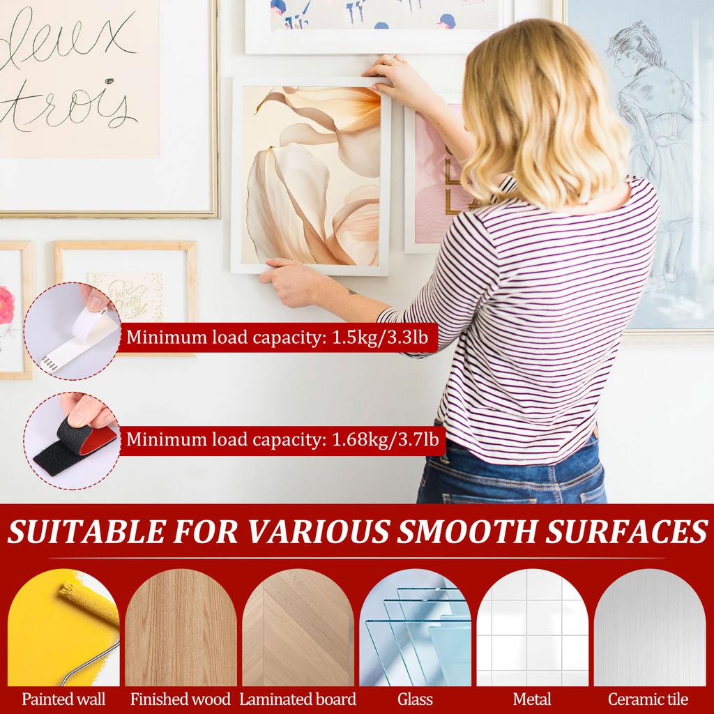 46 Pairs Hook and Loop Strip Set with Sticky Back Picture Hanging Strip Double Sided Sticky Pad Damage Free Removal for Glass