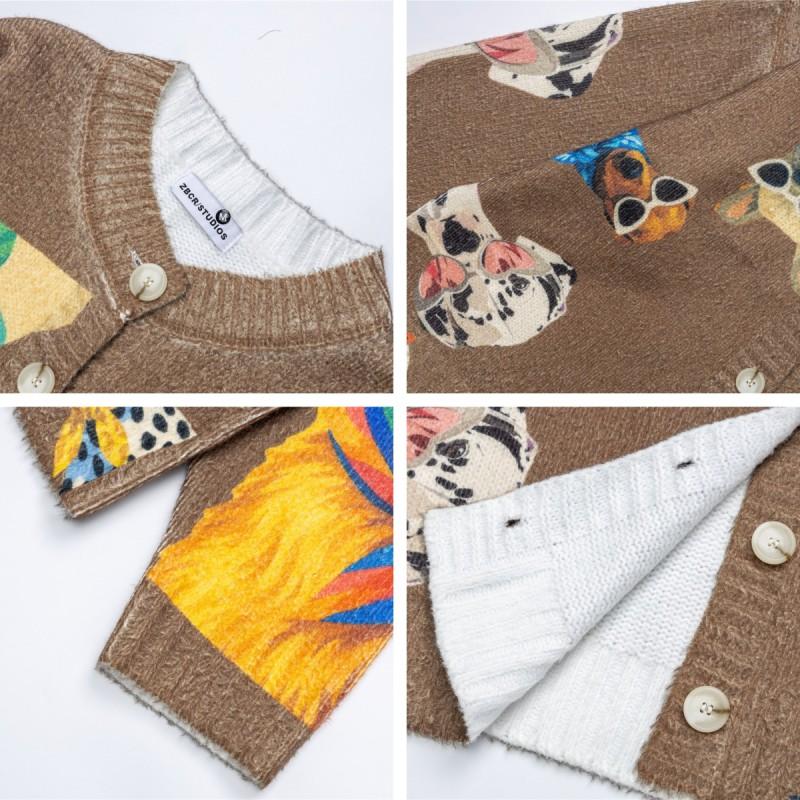 Unisex Vintage American Style Dog Print Knit Cardigan Sweater Fall 2026 Loose Fit Casual Long Sleeve Top