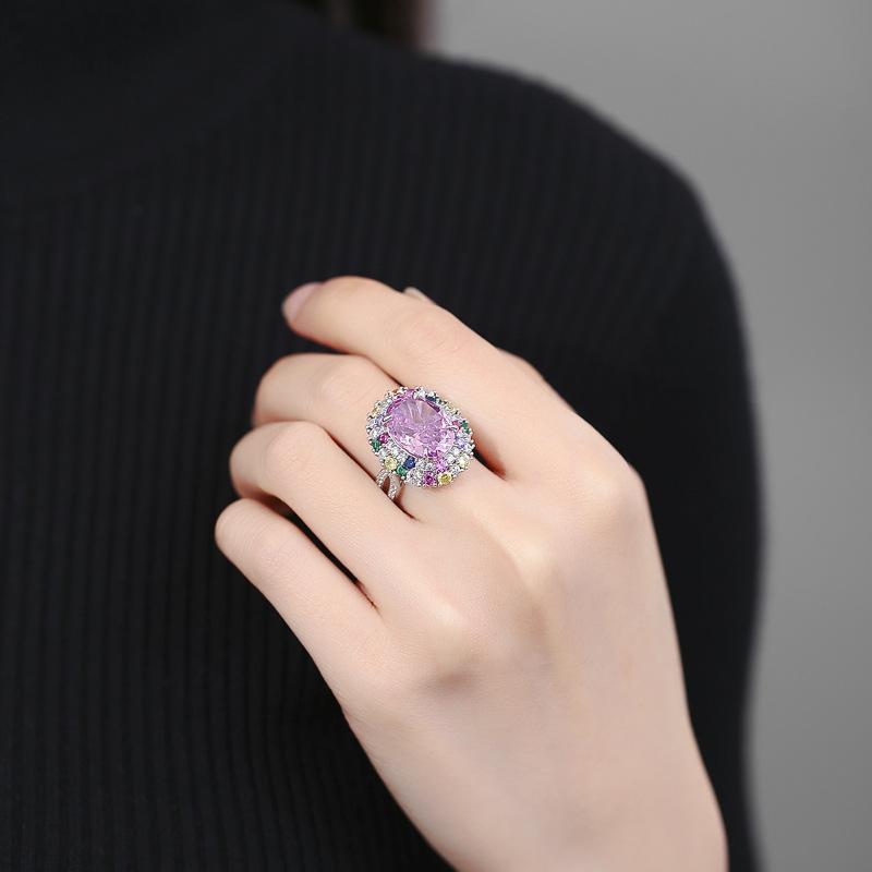 Hai Rui S925 Padparadscha Pink Diamond Egg-Shaped Open Ring - Women’s Luxury Sterling Silver Ring