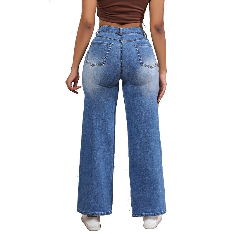 2023 Women's High Waist Ripped Jeans: European & American Style, High Stretch, Loose Straight Leg