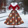 Women's Casual Dress Long-Sleeve V-Neck Patchwork Fleece Christmas Print Dress