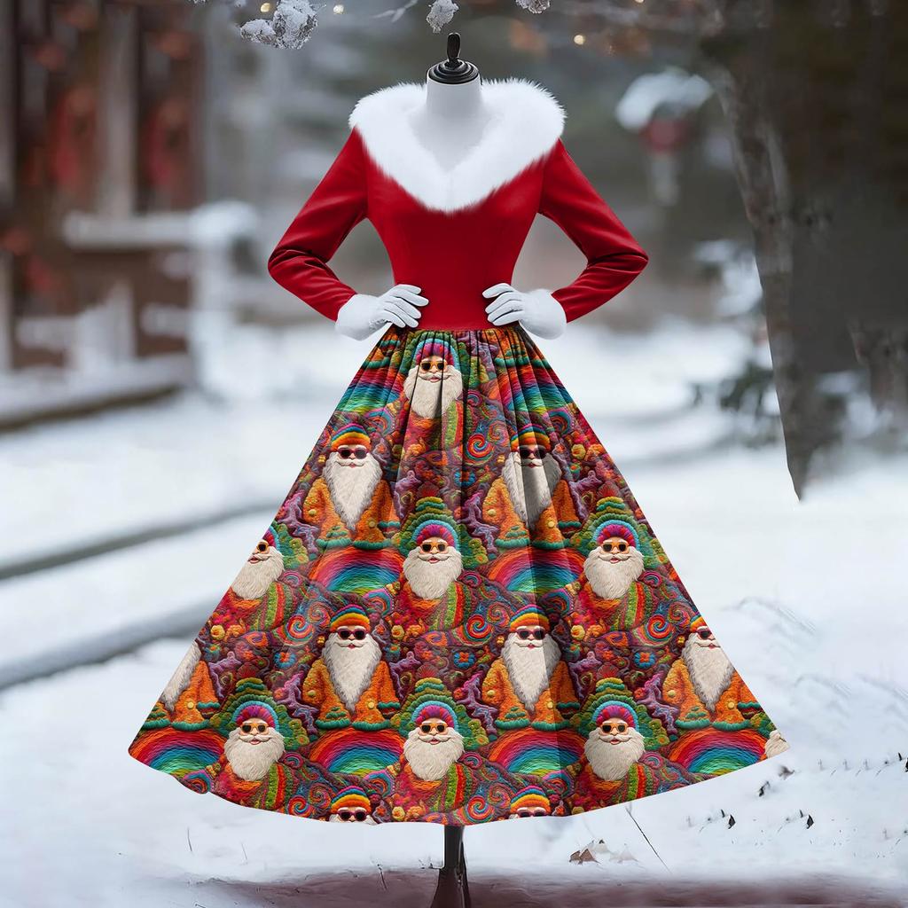 Women's Casual Dress Long-Sleeve V-Neck Patchwork Fleece Christmas Print Dress
