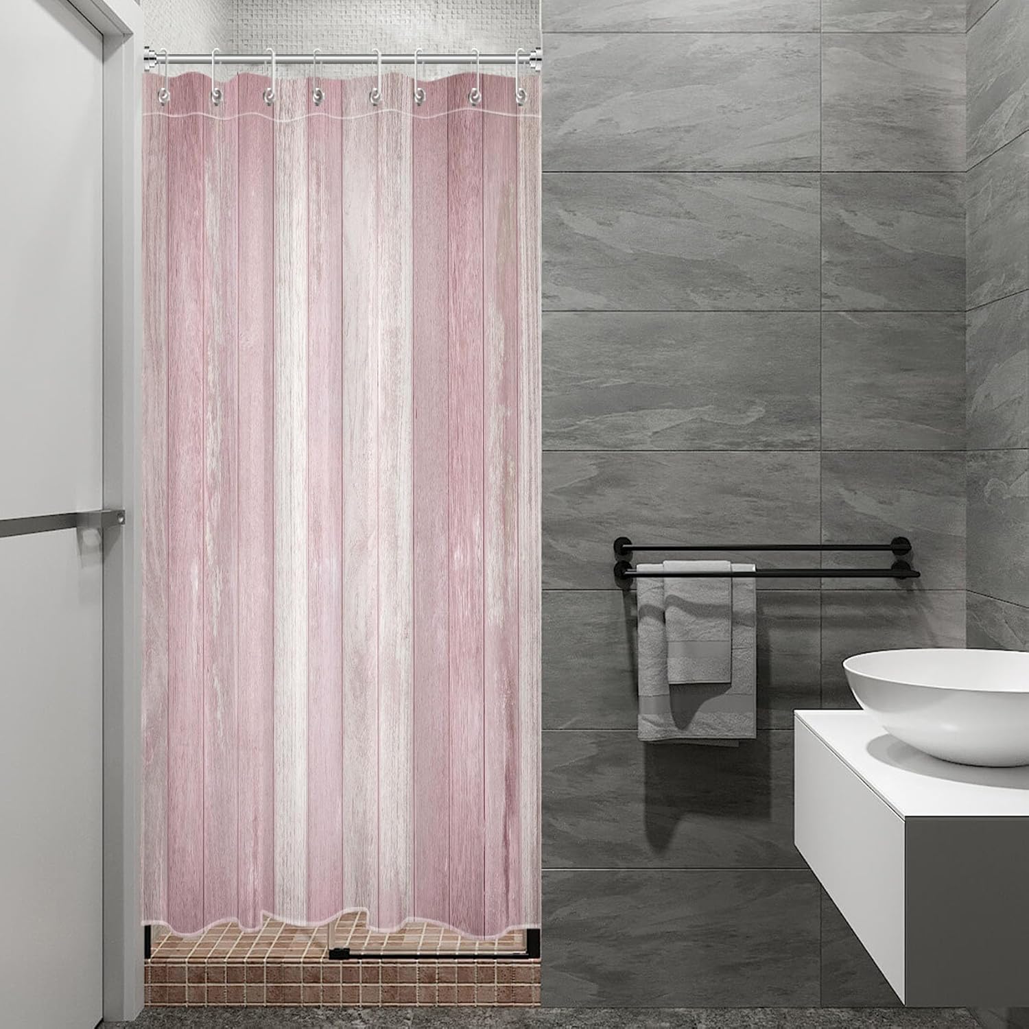 

Pink Wood Grain Shower Curtain Soft Texture Rustic Design Bathroom Decor Waterproof Fabric Feminine Style Home Accessories W60H190(CM)-1 Pcs