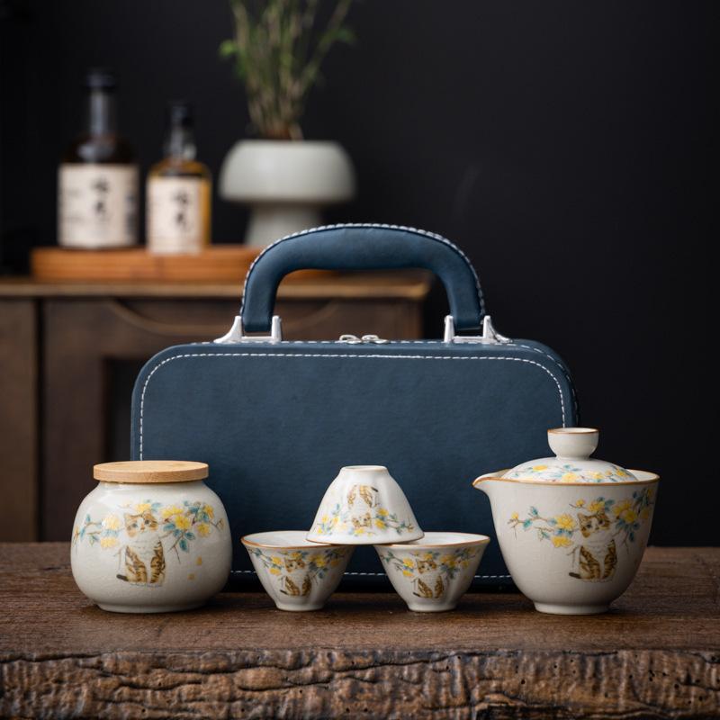 Ru Kiln Travel Set One Pot Three Cups Portable Quick Outdoor Tea Drinking Single Ceramic Teapot Cup